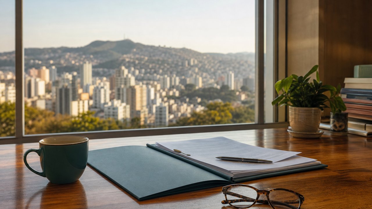 Mesa de madeira junto a uma janela ampla com vista para prédios e morros de Belo Horizonte ao fundo
